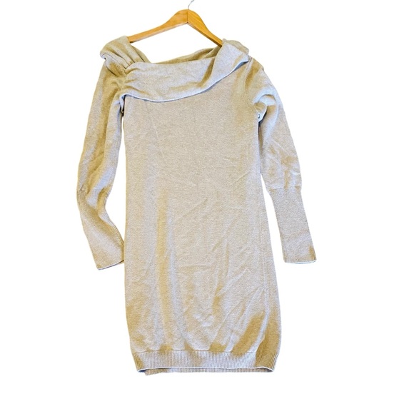 CALVIN KLEIN Oatmeal Asymmetrical Off The Shoulder Sweater Dress - Picture 2 of 7